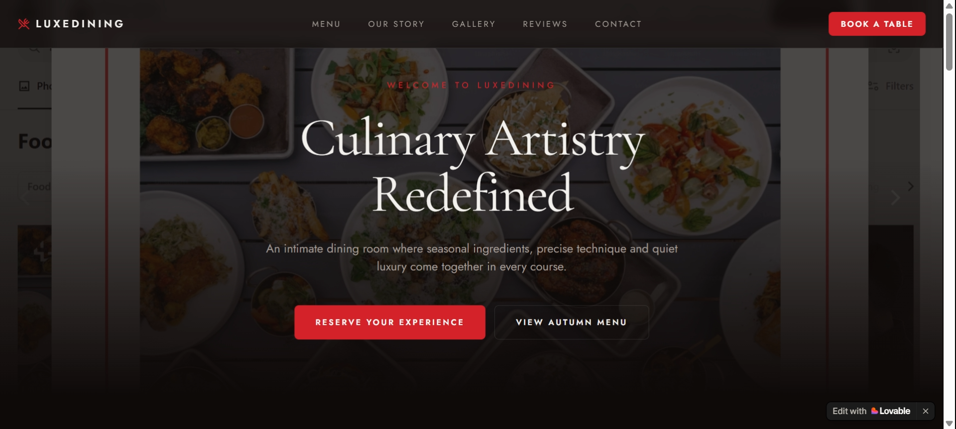 LuxeDining restaurant website homepage with dark hero and reservation buttons