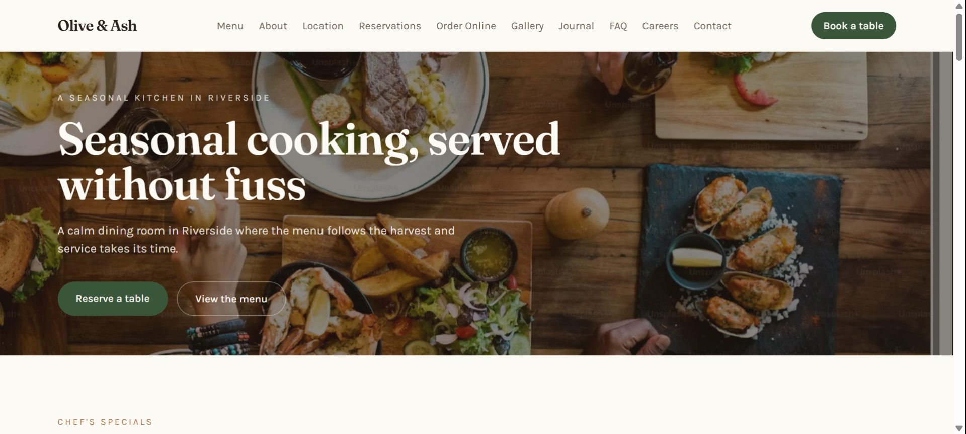 Olive & Ash restaurant website homepage with warm editorial hero